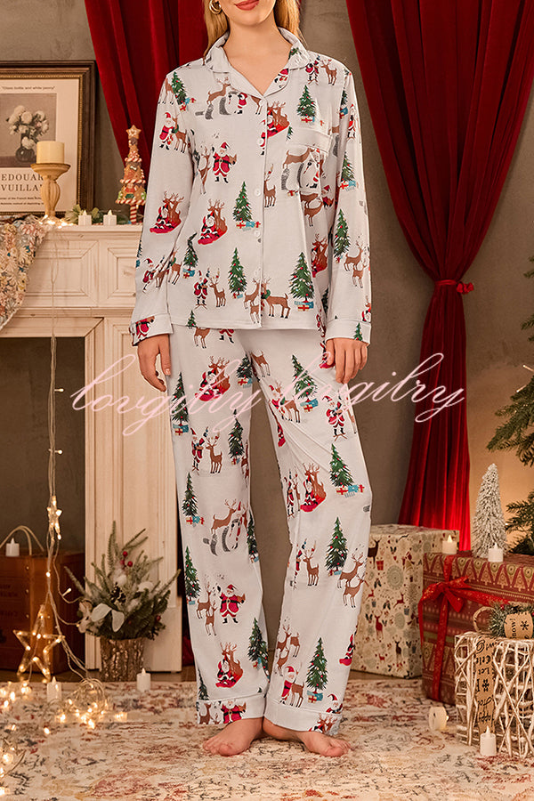 Christmas Holiday Print Long Sleeve Pocket Top and Elastic Waist Loose Pants Set