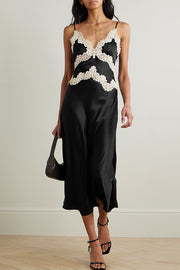 Dreaming of You Contrast Color Satin Lace Trim Back Tie-up Slip Midi Dress
