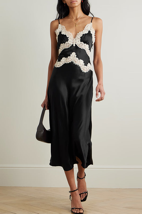 Dreaming of You Contrast Color Satin Lace Trim Back Tie-up Slip Midi Dress