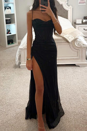 Romantic Occasion Sequin Cowl Neck Corset Slit Maxi Dress