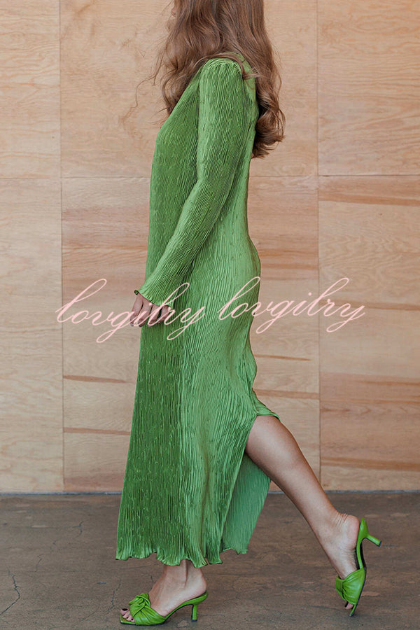 Hansin Satin Pleated Fabric Long Sleeve Wavy Trim H-line Slit Midi Dress