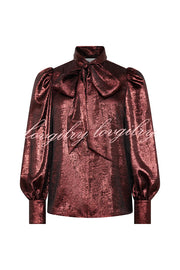Ariella Metallic Satin Fabric Tie-up Bow Neck Long Sleeve Blouse