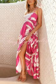 Botanical Print Halter Square Neck Pleated Loose Maxi Dress