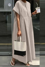 Linen Blend Loose Crew Neck Casual Maxi Dress