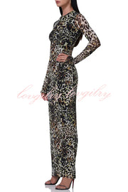 Wild As They Come Mesh Leopard Long Sleeve Stretch Maxi Dress