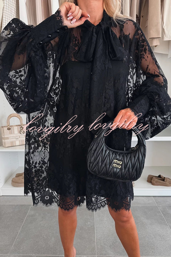 Night Rose Lace Bow Neck Long Balloon Sleeve A-line Mini Dress