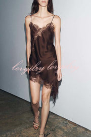 Elouise Satin Lace Trim V-neck Asymmetrical Hem Slip Mini Dress