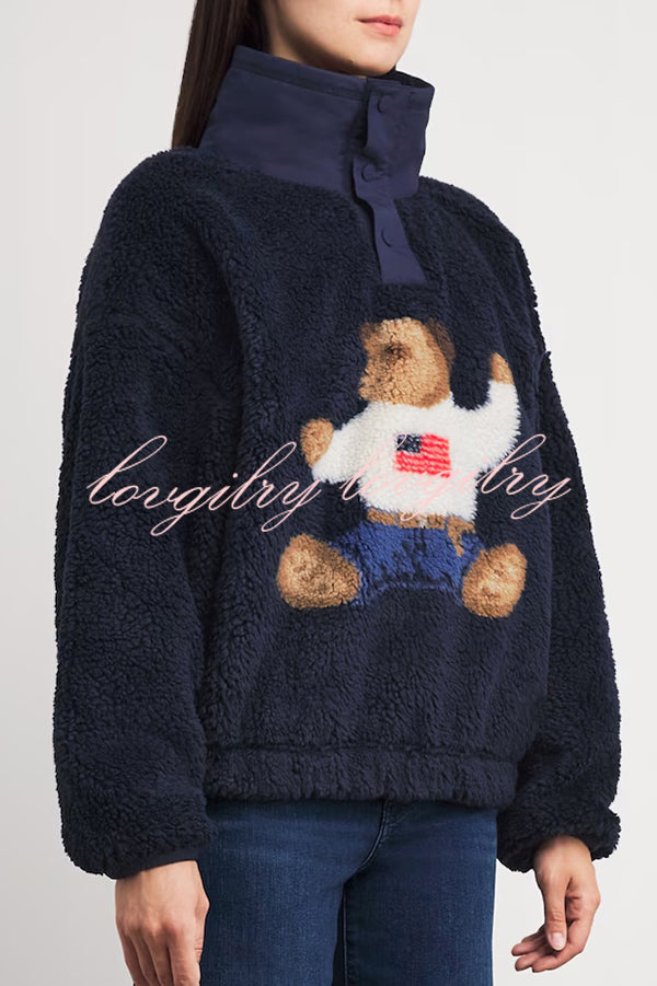 American Retro Polo Bear Pattern Stand Button Neck Long Sleeve Fleece Pullover