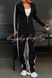 Fashionable Sports Style Striped Long-sleeved Jacket and Elastic Waist Casual Pants Set
