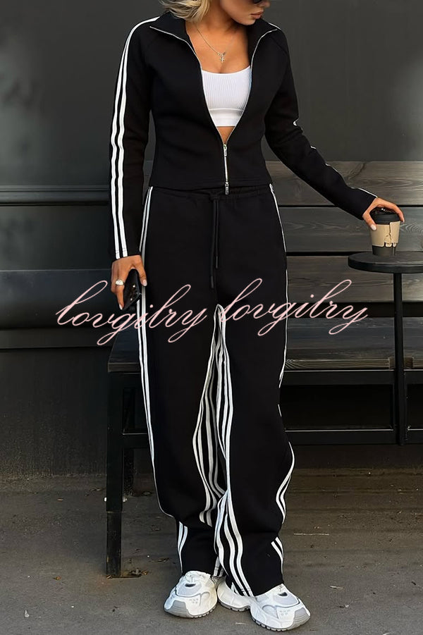 Fashionable Sports Style Striped Long-sleeved Jacket and Elastic Waist Casual Pants Set