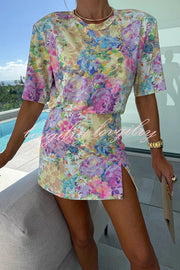 Favor Romance Floral Print Shoulder Pad T-shirt and Mini Skort Set