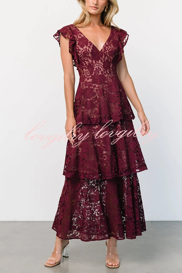 Lace V-neck Ruffled Sleeves Cinched Waist Maxi Dress