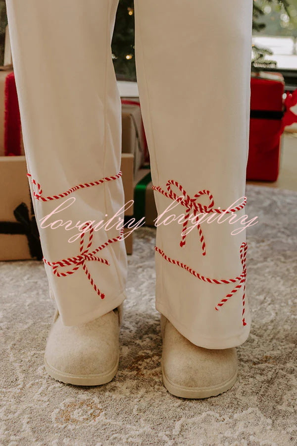 Candy Cane Cutie Loose Bow Tie Long-Sleeved Sweatshirt and Elastic Waist Pocket Pants Set