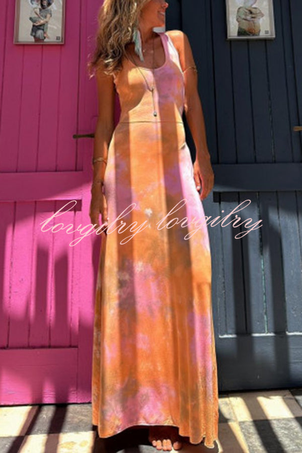 La Bamba Tie-dye Print Back Lace-up Stretch Maxi Dress