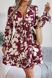 Floral Print V-neck Lace-up Long-sleeve Elastic Waist Mini Dress