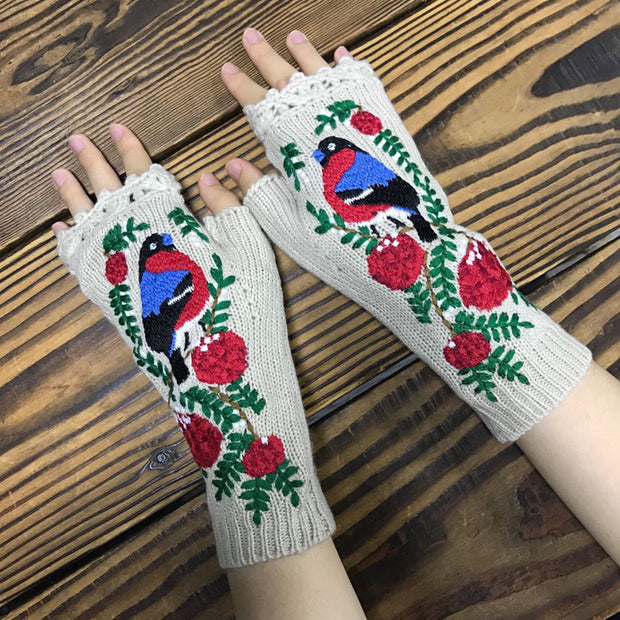 Little Red Bird Flower Embroidery Knitted Warm Gloves