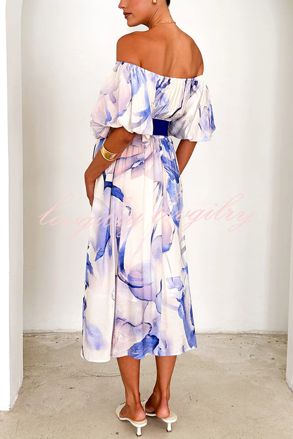 Floral Print Elegant Puff Sleeve Tie-Waist Midi Dress