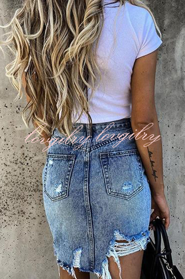 High Waist Ripped Irregular Denim Skirt