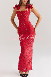 Holiday Intimacy Embroidered Floral Lace Bow Shoulder Straps Slit Maxi Dress