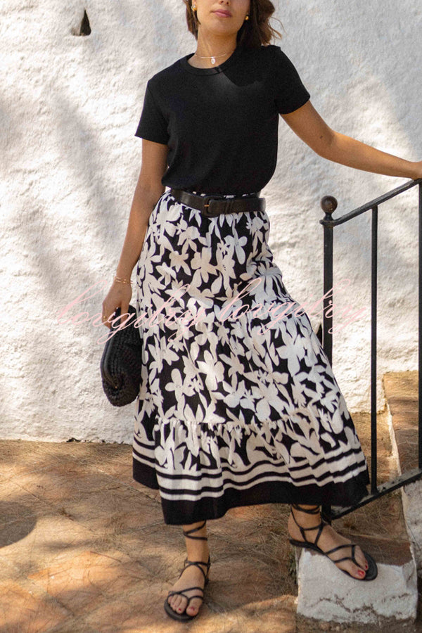 Resort Style Botanical Print Elastic Waist Loose Stitching Midi Skirt