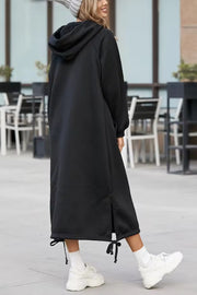 Solid Color Hooded Lace-up Pocket Sweatshirt Style Midi Dress