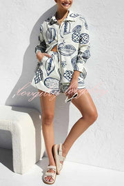 Parkside Pretty Tropical Fruit Print Loose Shirt and Elastic Waist Pocketed Shorts Set