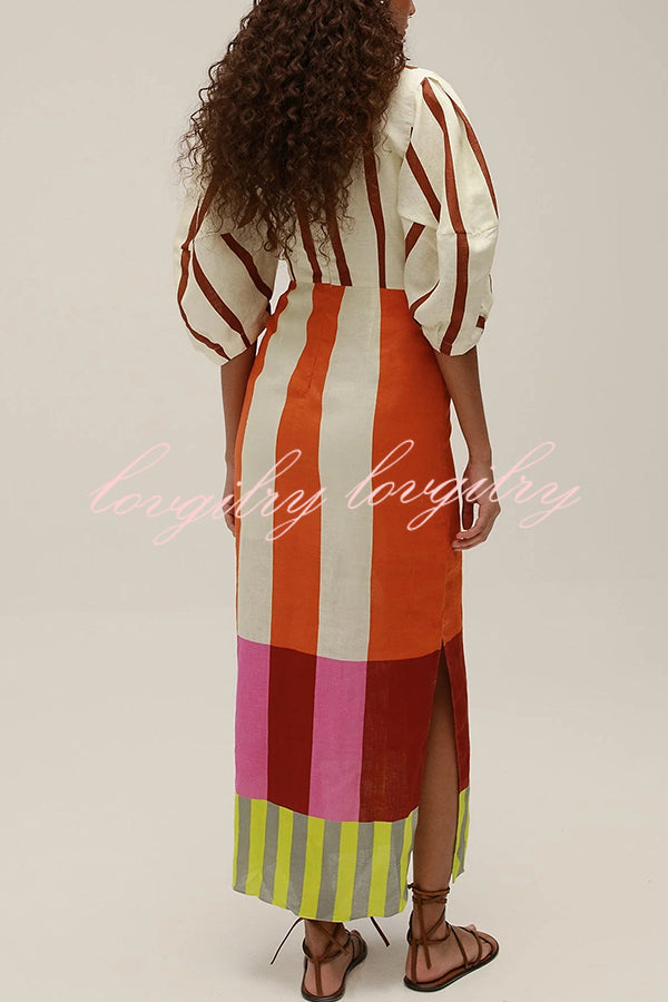 Kaya Linen Blend Color Block Print Front Cutout Knot Puff Sleeve Maxi Dress