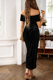 Solid Color Velvet Off-shoulder Slim-fit Elegant Slit Midi Dress