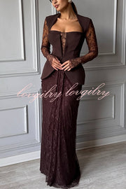 Belle Contrast Sheer Lace Fabric Patchwork Square Neck Long Sleeve Drape Maxi Dress