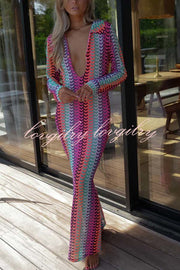 Eleanor Knit Colorful Wave Unique Print Shirt U-neck Long Sleeve Slit Maxi Dress