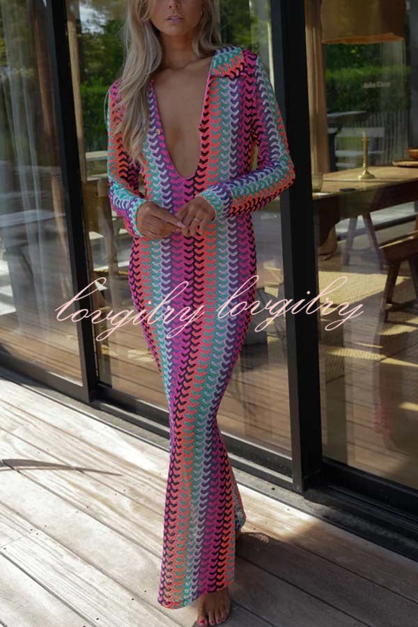 Eleanor Knit Colorful Wave Unique Print Shirt U-neck Long Sleeve Slit Maxi Dress