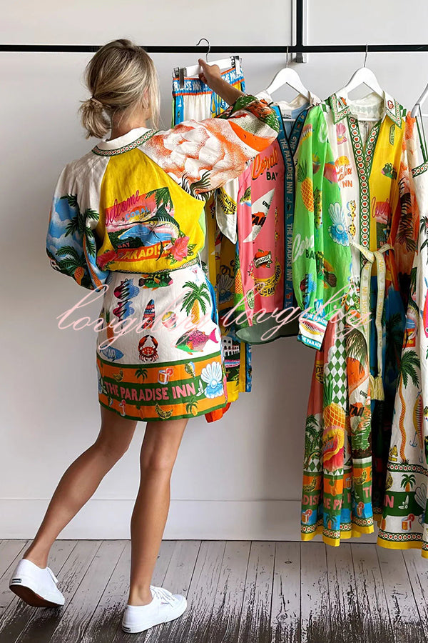 Summer Sophistication Linen Blend Unique Print Belted Pocket Shirt Mini Dress