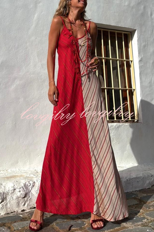 Fashionable Splicing V-neck Suspenders Loose Maxi Dress