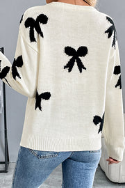 Christmas Contrast Bow Round Neck Long Sleeve Loose Knitted Sweater