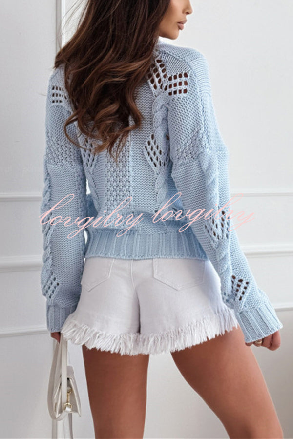 Fashion Hollow Long Sleeve V-neck Button Loose Knitted Cardigan