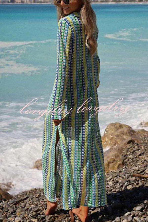 Eleanor Knit Colorful Wave Unique Print Shirt U-neck Long Sleeve Slit Maxi Dress