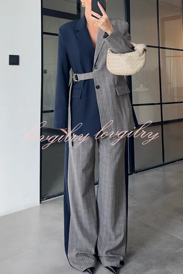 Nayla Plaid Contrast Color Belted Long Sleeve Lapel Blazer and Pocketed Wide Leg Pants Set