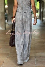 Office Chic Plaid Button Up Vest and Elastic Waist Pocketed Wide Leg Pants Set