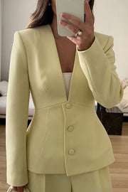 Solid Color Long-sleeved V-neck Button Casual Blazer