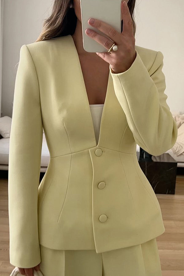 Solid Color Long-sleeved V-neck Button Casual Blazer
