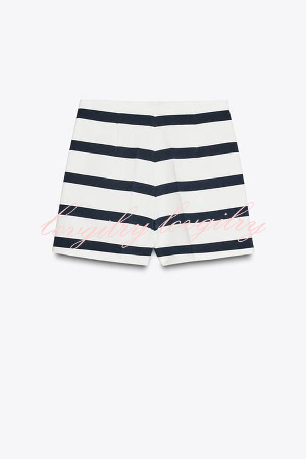 Logbook Stripe Button Shoulder T-Shirt and High-Rise Pocketed Loose  Shorts Set