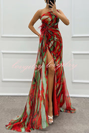 Amazing Views Watercolor Print Feather Rose Detail Off Shoulder Pleated Slit Maxi Dress