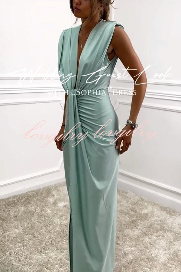 Classic and Sexy Dates V-neck Ruched Drape Slit Midi Dress