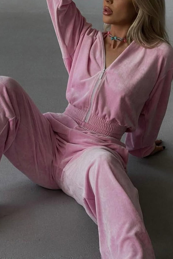 Solid Color Velvet Long-sleeved Zip-up Sweatshirt and Elastic Waist Casual Pocket Straight-leg Pants Set