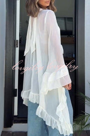 Flowy See-through Ruffle Tie-up Neck Bell Sleeve High-low Hem Cape Shirt