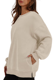 Solid Color Round Neck Pocket Loose Warm Long Sleeve Sweatshirt