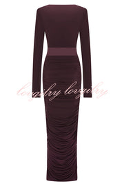 Sexy See-through Long-sleeved V-neck Pleated Slim-fit Maxi Dress