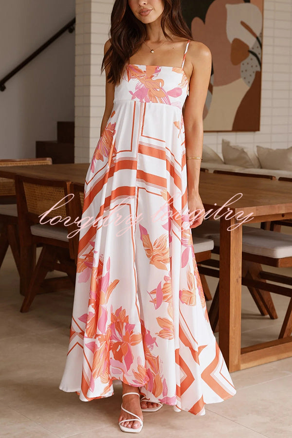 Botanical Print Halter Square Neck Pleated Loose Maxi Dress