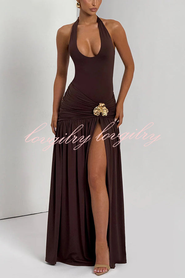 Solid Color Halter Neck Backless Slim Fit Pleated Slit Maxi Dress