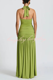 Solid Color Halter Neck Backless Slim Fit Pleated Slit Maxi Dress